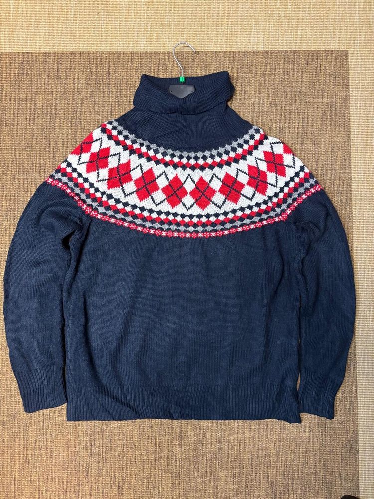 Tommy Hilfiger Navy Turtleneck Sweater With Red And White Argyle Pattern
